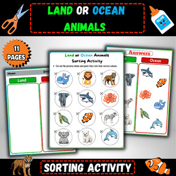 Preview of Land or Ocean Explorers: Animal Sorting Adventure-Animals Cut and Paste Activity
