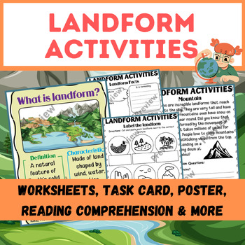 Preview of Landform Activities | Worksheets, Task Card, Poster & Reading Comprehension