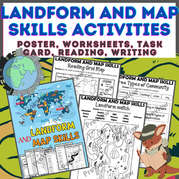 Preview of Landform & Map Skills Activity (Poster, Worksheets, Task card, Reading, Writing