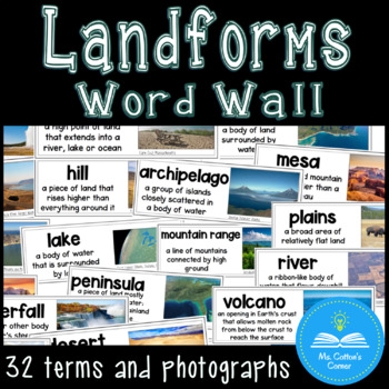 Preview of Landform Word Wall - 32 Vocabulary Terms - Photos - US Landforms