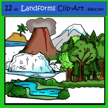Preview of Landforms 12 pc. Clip-Art Set: 6 B&W, 6 Color