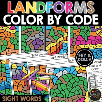 Preview of Landforms Color by Code Sight Words No Prep Coloring Pages Social Studies