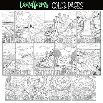 Preview of Landforms Coloring Book Color Pages - VALLEY, CLIFF, BUTTE, ISLAND, CANYON, ETC.