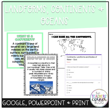 Preview of Landforms, Continents, & Oceans | Lesson | Activities | Posters | Digital Quiz
