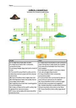 Preview of Landforms - Crossword Puzzle Worksheet Activity (Printable)