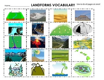 Preview of Landforms Cut & Paste Definitions, flash cards, 20 words, centers