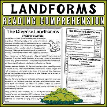 Preview of Landforms Reading Comprehension Worksheet | Nonfiction Passage & Quiz