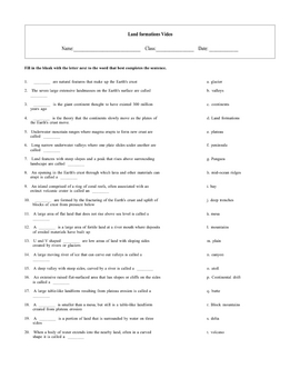 Landforms Video Matching Pairs worksheet with key by Maura & Derrick Neill