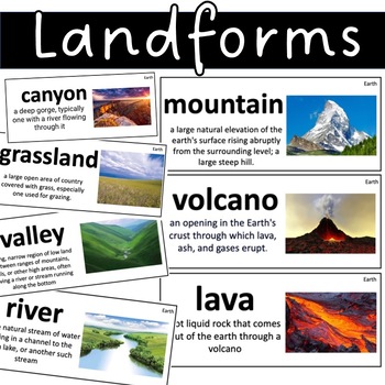 Preview of Landforms  Vocabulary Cards Earth Science Grasslands , dunes, forest , desert
