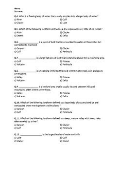 Hills and Volcano definition worksheet