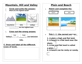 Preview of Landforms-Worksheet: Mountain, Hills, Valley, Beach, Plain