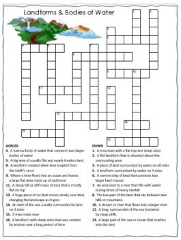 Landforms and Bodies of Water Crossword Puzzle Word Search Combo