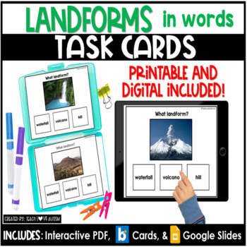 Preview of Landforms in Words | Geography | Social Studies Task Cards | Boom Cards