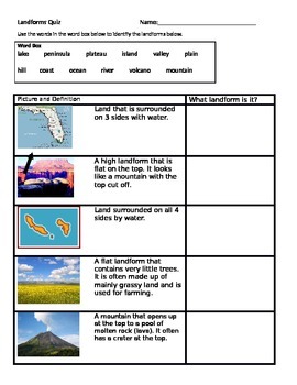 Preview of Landforms quiz that is ELL friendly