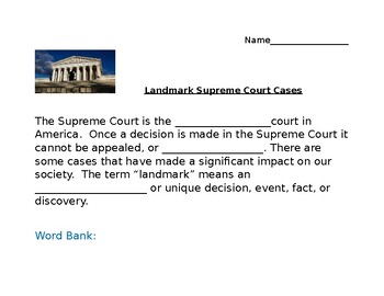 Landmark Supreme Court Cases Practice by Bethany Sherard TPT
