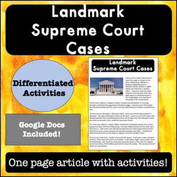 Preview of Landmark Supreme Court Cases Reading Passage and Activities 