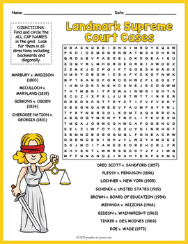 Preview of LANDMARK SUPREME COURT CASES Word Search Puzzle Worksheet Activity