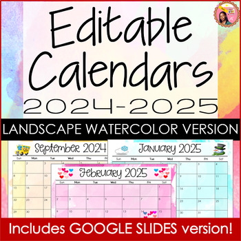 Preview of Landscape Editable Calendar 2024 -2025 Watercolor Power Point & Google Slides™
