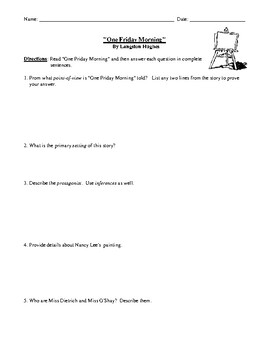 Preview of Langston Hughes' "One Friday Morning" Worksheet (or Test) with Answer Key