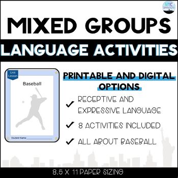 Preview of Language Activities for Mixed Therapy Groups_Baseball Themed