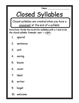 Language Arts Closed Syllables Activity Syllable Type Closed Syllable Worksheets