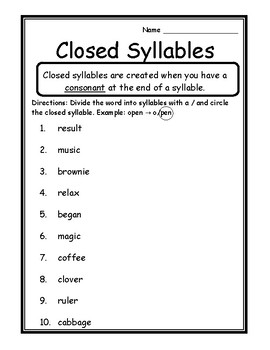 Language Arts Closed Syllables Activity Syllable Type Closed Syllable