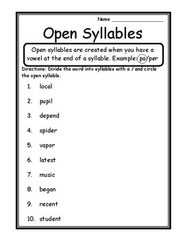 Language Arts Activities Open Syllables Worksheets Syllable Types Practice