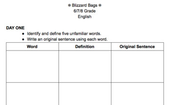 Preview of Language Arts Blizzard Bags