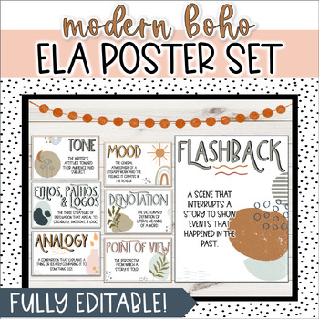 Preview of Language Arts Boho Classroom Decor Bundle EDITABLE ELA Posters + Bulletin Boards