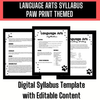 Preview of Language Arts Editable Digital Syllabus-Paw Print Themed