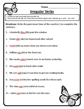 language arts irregular verb worksheet practice irregular verb grammar worksheet