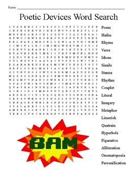 Preview of Language Arts Poetry Devices Word Search Puzzle Worksheet Sub Plan