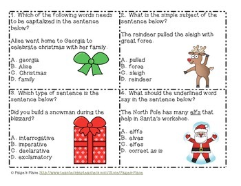 Language Arts Review Task Cards {christmas Themed Cards} By Paige's Place