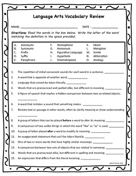 language arts vocabulary pre assessment review worksheets freebie