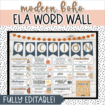 Preview of Middle School ELA Word Wall - Boho Word Wall - EDITABLE Grammar Word Wall