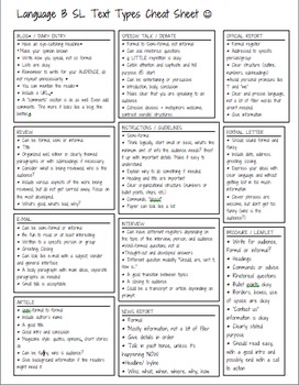 Preview of Language B Text Type Cheat Sheet SL (Standard Level)