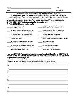 ELA CLAUSES Dependent & Independent WORKSHEET #2 with Answers by Write
