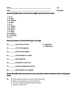 Preview of ELA CLAUSES Dependent & Independent WORKSHEET #3 with Answers