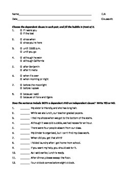ELA CLAUSES Dependent  Independent WORKSHEET 1 with Answers by Deanne Davis