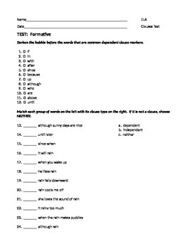 Preview of ELA CLAUSES Dependent & Independent TEST Assessment with Answers