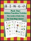 Language Galore's Bingo Pack One:  Attributes, Preposition