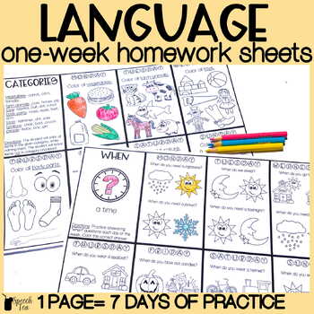 Preview of Language Homework Color Sheets | Speech Therapy Homework