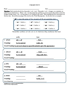 Preview of Language Lessons 9.A - Assimilated Prefixes Student Sheet & Answer Key