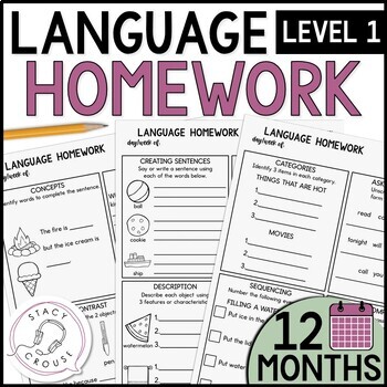 Preview of Speech Therapy Homework Language Worksheets Activities All Year Level 1 Practice