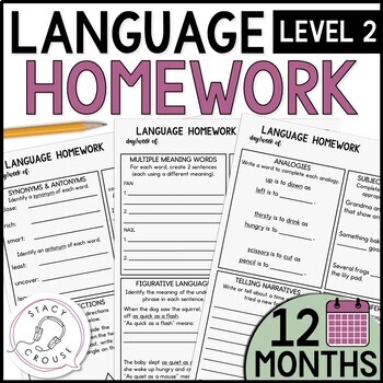 Preview of Speech Therapy Homework Language Worksheets Activities All Year Level 2 Practice