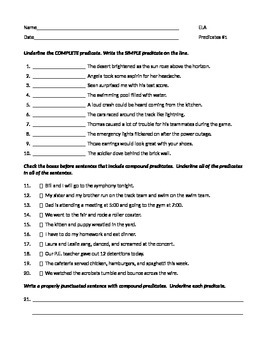 Preview of ELA PREDICATES Simple, Complete, & Compound WORKSHEET #1 w/ Answers