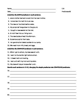 Preview of ELA PREDICATES Simple, Complete, & Compound WORKSHEET #2 w/Answers