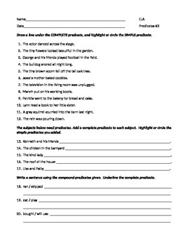 Preview of ELA PREDICATES Simple, Complete, & Compound WORKSHEET #3 w/ Answers