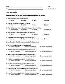 Preview of ELA PREDICATES Simple, Complete, & Compound TEST Assessment with Answers