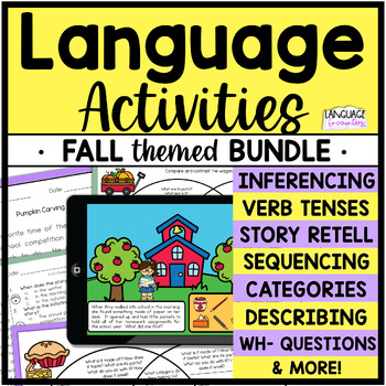 Preview of Fall Language Activities Speech Therapy Boom Cards Bundle - Vocabulary & more